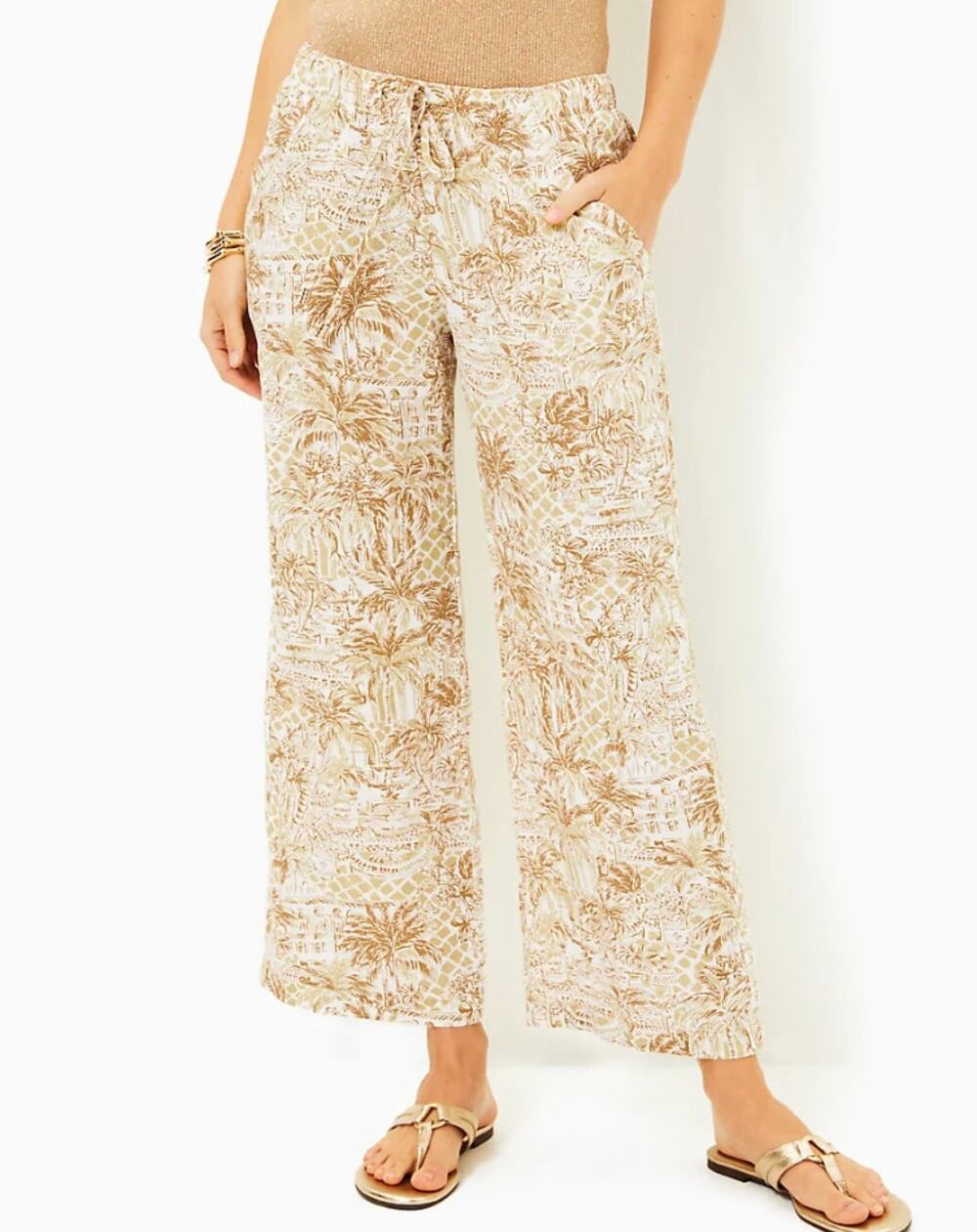 NWT Lilly Pulitzer Brawley Linen Crop Drawstring Pants Sand Palm Beach medium